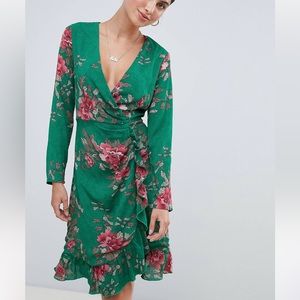Missguided Floral Tea Dress Green 4 New Spring Summer Ruffle Bottom Tie Front
